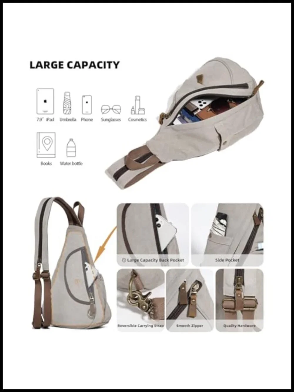 Canvas Sling Bag Crossbody Backpack Adjustable Daypack Water Resistant